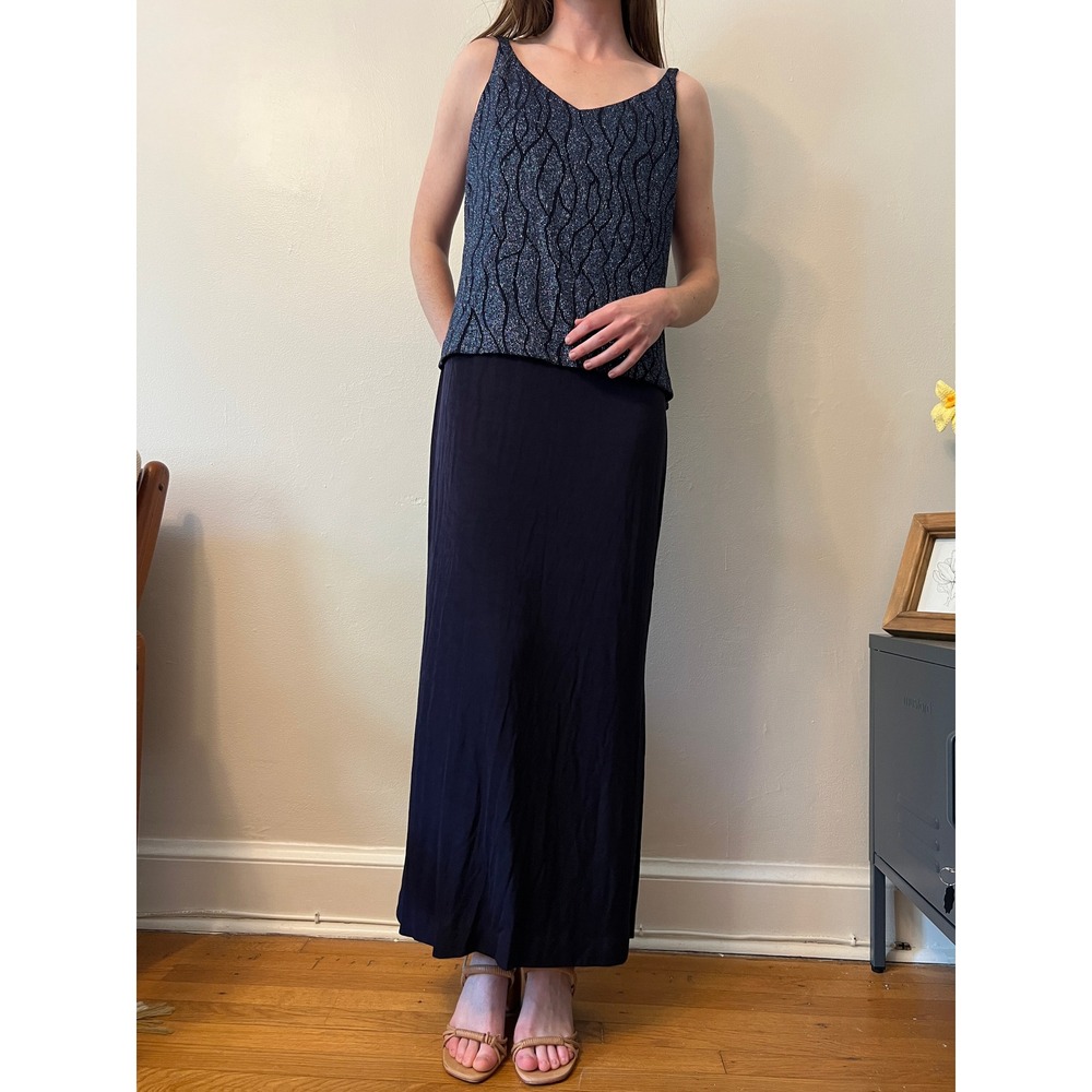 Alex Evenings Womens Navy Blue Glitter Popover Maxi Dress Size 14 Formal Gown‎